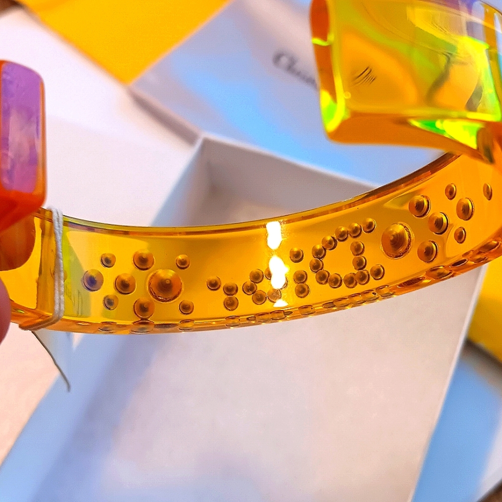 💛 Christian Dior Yellow Acrylic Cuff Bracelet w/Pink Rhinestones NWT! - Picture 13 of 15